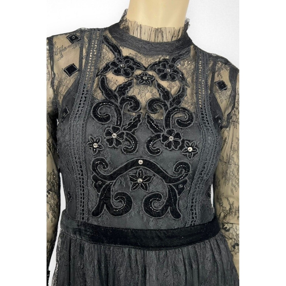 ZARA BASIC Small Black Lace Sheer Long Sleeve Dress High Neck Little Black Dress - Picture 4 of 8